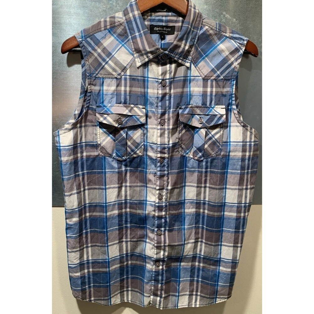 Cowboy Sleeveless Rodeo Shirt Eighty Eight Platinum Plaid Button Up Bikers Sz L